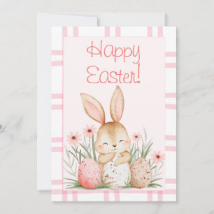 Cartes Pour Fêtes Annuelles Joli lapin aquarelle rose et œufs de Pâques
