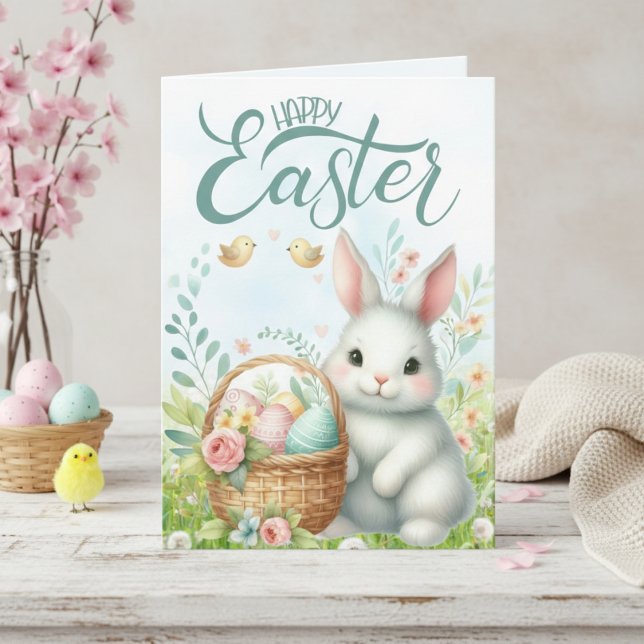 Cartes Pour Fêtes Annuelles Joli Lapin Avec Panier Personnalisé Joyeux Pâques (Cute Bunny With Basket Custom Happy Easter Holiday Card)