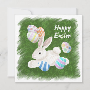 Cartes Pour Fêtes Annuelles Joli lapin blanc Oeufs peints Bonne Pâques