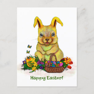 Cartes Pour Fêtes Annuelles Joli lapin de Pâques avec oeufs et fleurs