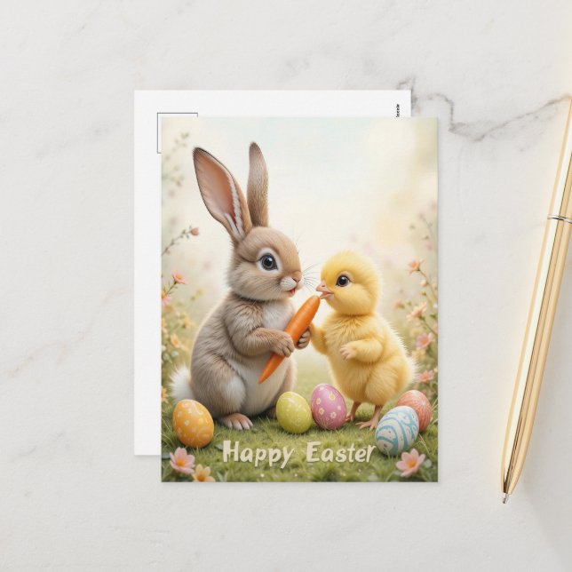 Cartes Pour Fêtes Annuelles Joli lapin et poule Pâques (Devant/Arrière en situation)