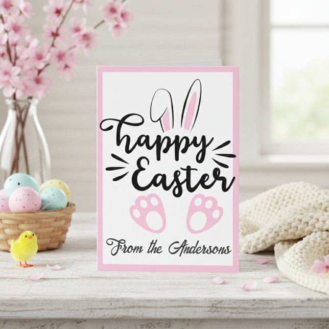 Cartes Pour Fêtes Annuelles Joli lapin noir et rose Happy Pâques Personnalisé (Cute Black and Pink Bunny Happy Easter Custom Holiday Card)