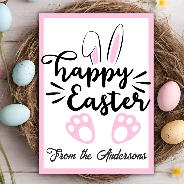 Cartes Pour Fêtes Annuelles Joli lapin noir et rose Happy Pâques Personnalisé (Cute Black and Pink Bunny Happy Easter Custom Holiday Card)