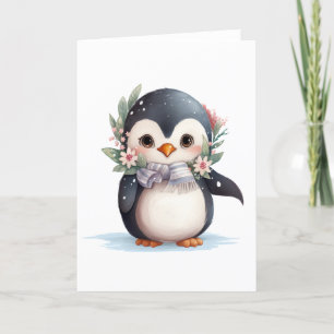 Cartes Pour Fêtes Annuelles Joli Manchot Avec Écharpe et Houx VIDE