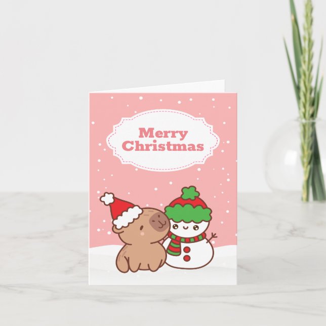 Cartes Pour Fêtes Annuelles Joli Noël Capybara Et Snowman (Devant)