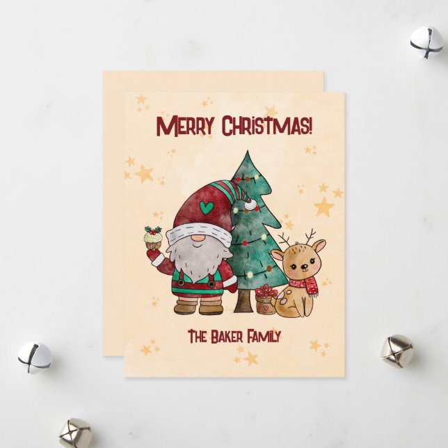 Cartes Pour Fêtes Annuelles Joli Noël Gnome Reindeer (Devant/Arrière en situation)