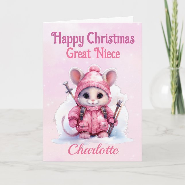 Cartes Pour Fêtes Annuelles Joli Noël Grande Nièce Rose Souris d'hiver (Devant)