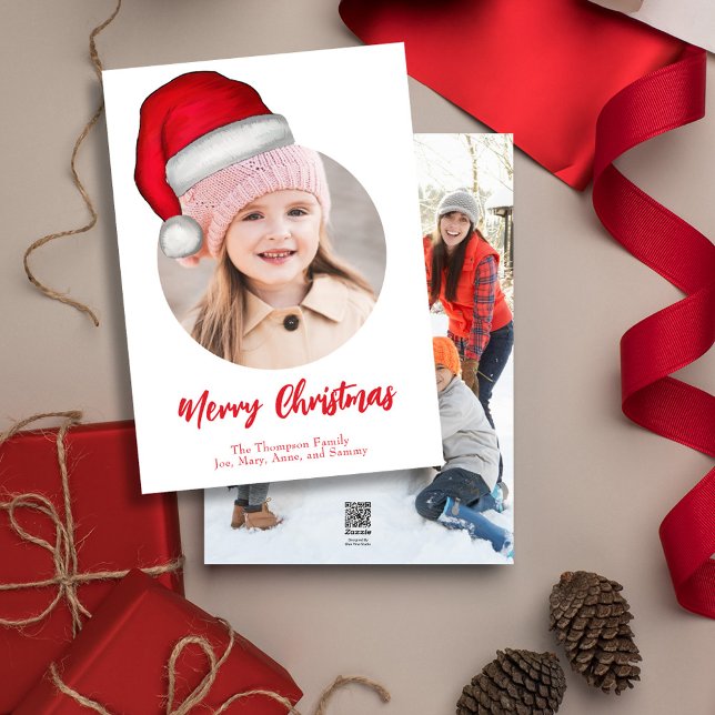 Cartes Pour Fêtes Annuelles Joli Noël Photo Santa Hat (Merry Christmas cute whimsical photo greeting card with a double photo template. )