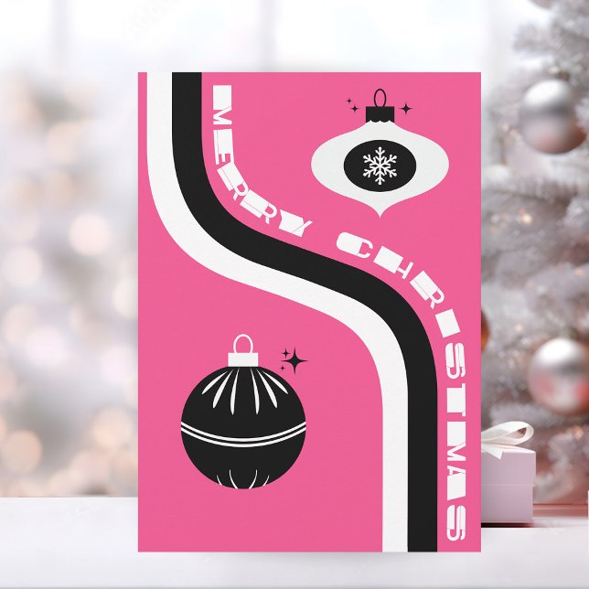 Cartes Pour Fêtes Annuelles Joli Noël Rose Et Noir Retro (custom Christmas card unique merry Christmas retro pink and black)