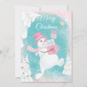Cartes Pour Fêtes Annuelles Joli Noël Snowman rose et menthe