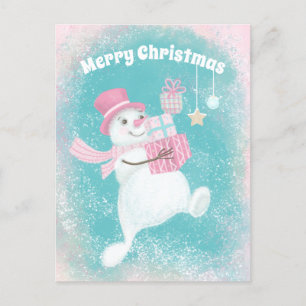 Cartes Pour Fêtes Annuelles Joli Noël Snowman rose et menthe