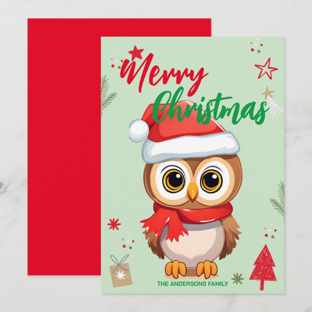 Cartes Pour Fêtes Annuelles Joli nom de famille de Noël de santa de hibou pour (Devant / Derrière)