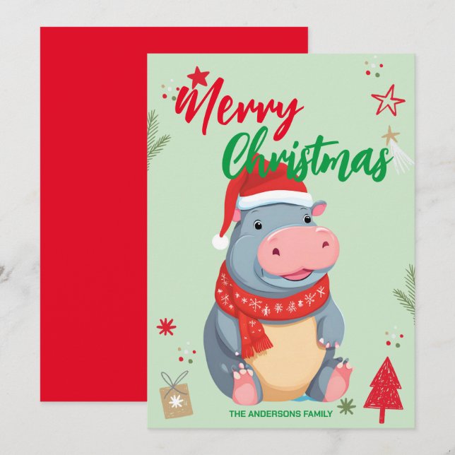 Cartes Pour Fêtes Annuelles Joli nom de famille HIPPO santa Noël vacances (Devant / Derrière)