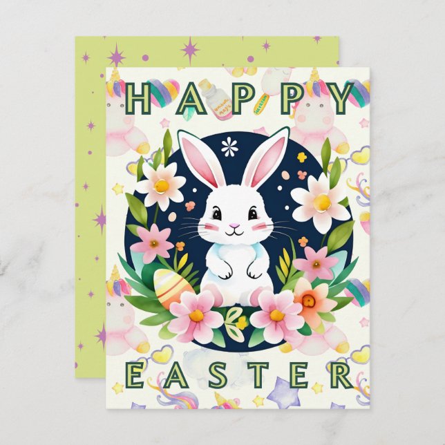 Cartes Pour Fêtes Annuelles Joli oeuf de lapin floral à l'aquarelle pour enfan (Devant / Derrière)