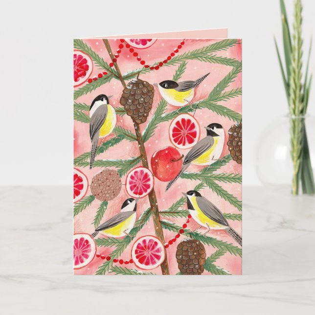 Cartes Pour Fêtes Annuelles Joli oiseau rouge et jaune Pickadee arbre de Noël (Devant)