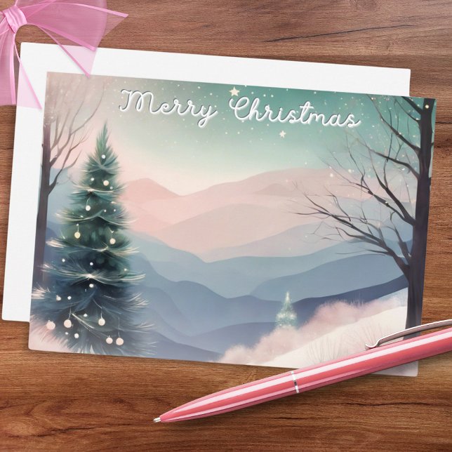 Cartes Pour Fêtes Annuelles Joli paysage de neige d'hiver Joyeux Noël (A pretty Christmas card with snow scene in a watercolor style, with pastel pink, green and gray)