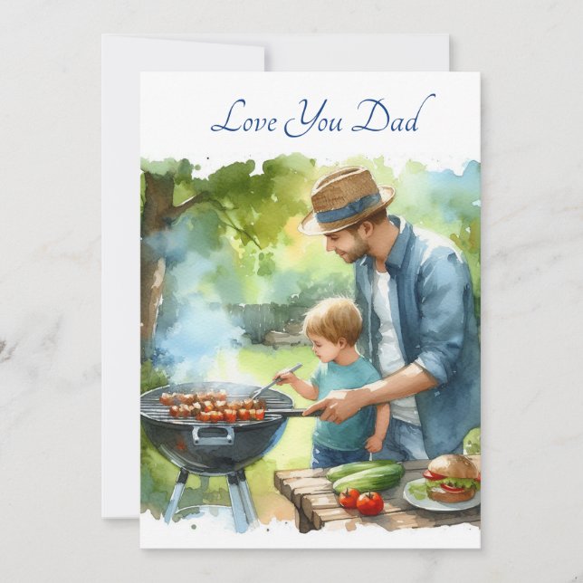 Cartes Pour Fêtes Annuelles Joli Père & Fils Faire Barbeque Aquarelle (Devant)