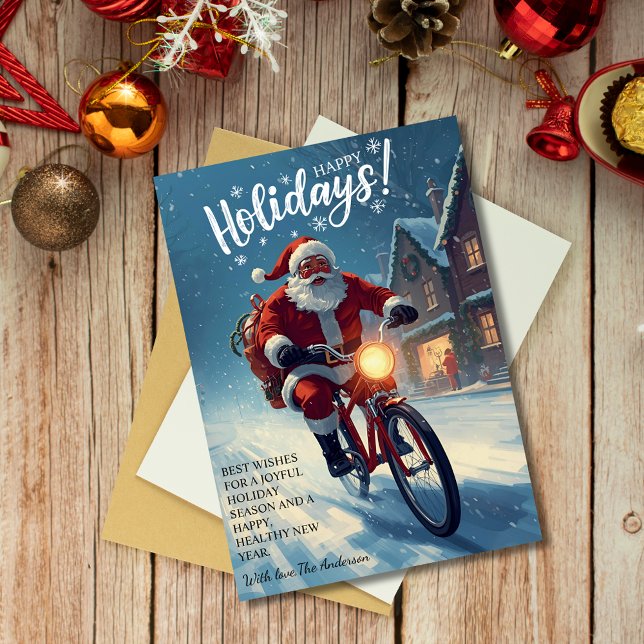 Cartes Pour Fêtes Annuelles Joli Père Noël à l'aquarelle sur bicyclette Noël  (Créateur téléchargé)