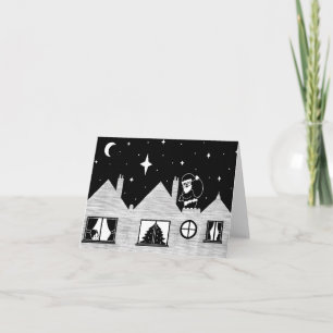 Cartes Pour Fêtes Annuelles Joli père Noël avec sac sur le toit noir et blanc