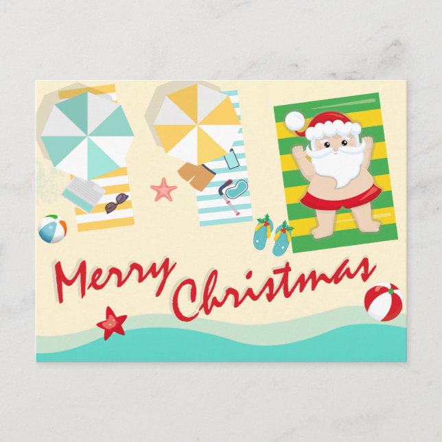 Cartes Pour Fêtes Annuelles Joli Père Noël sur la plage Joyeux Noël (Devant)