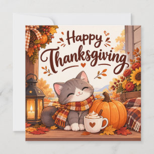 Cartes Pour Fêtes Annuelles Joli petit chat de Thanksgiving sur un porche conf