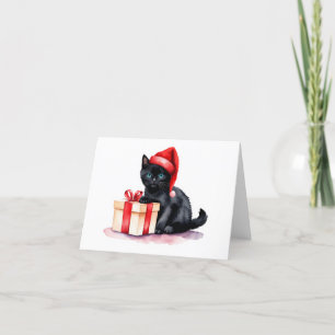 Cartes Pour Fêtes Annuelles Joli petit chat noir en Père Noël avec cadeau BLAN