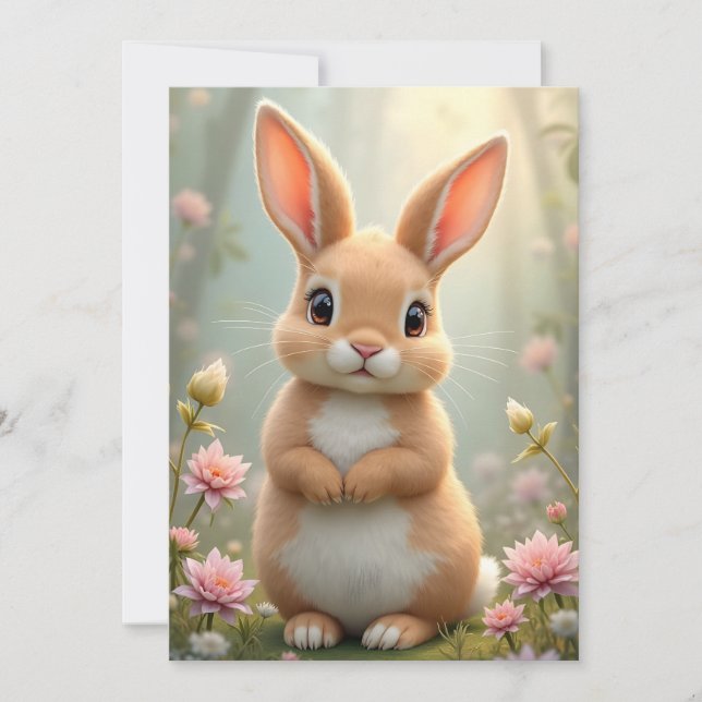 Cartes Pour Fêtes Annuelles Joli petit lapin entouré de fleurs (Devant)