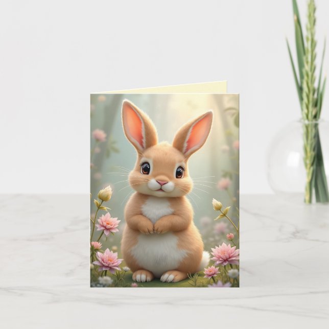 Cartes Pour Fêtes Annuelles Joli petit lapin entouré de fleurs, coutume (Devant)