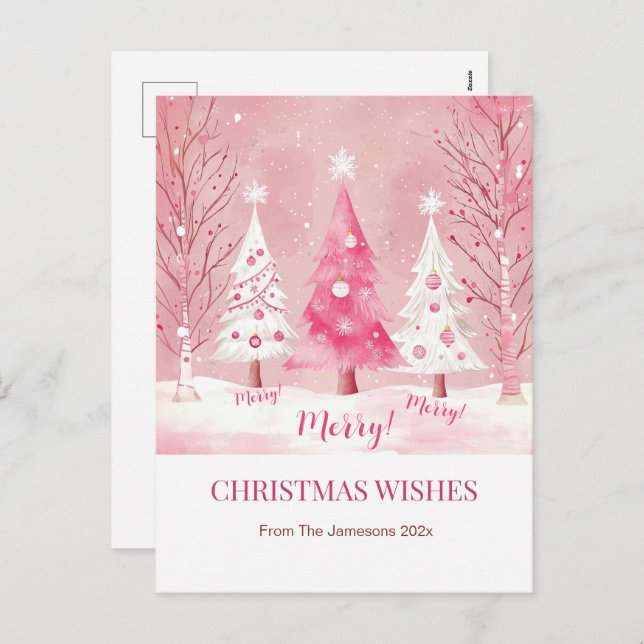 Cartes Pour Fêtes Annuelles Joli Pink Blanc Rétro Noël (Devant / Derrière)