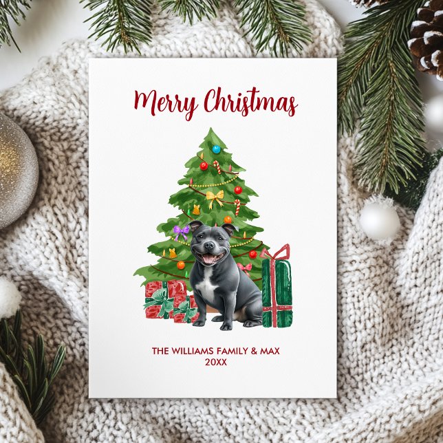 Cartes Pour Fêtes Annuelles Joli Pitbull Chien Famille Noël (Créateur téléchargé)