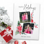 Cartes Pour Fêtes Annuelles Joli Poinsettia rose & Holly 2-Photo<br><div class="desc">Fleur de vacances brillante et audacieuse avec des sprays de poinsettia roses,  saints,  fougères et verdure d'hiver. Inclut des champs de texte non centrés à deux modèles photo et modifiables. Le dos contient des modèles de photos et de texte supplémentaires.</div>