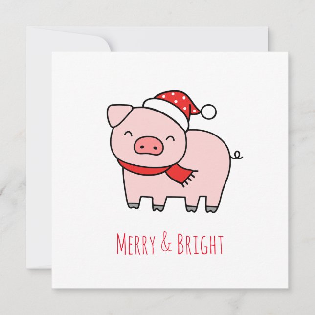 Cartes Pour Fêtes Annuelles Joli porc rose Joyeux et Lumineux vacances minimal (Devant)