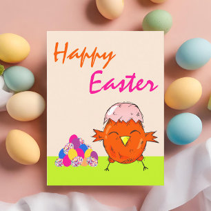 Cartes Pour Fêtes Annuelles Joli poussin avec œufs de Pâques Joyeuses Pâques 