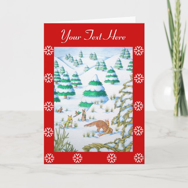 Cartes Pour Fêtes Annuelles joli renard et lapin hiver neige scène noël (Devant)