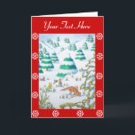 Cartes Pour Fêtes Annuelles joli renard et lapin hiver neige scène noël<br><div class="desc">The little fox and bunny painting on this Christmas greeting card is titled "Behind You!" The Subject of the illustration is a little red fox, he's smartly dressed in his red and yellow knitted woolly scarf to keep warm the cold winter snow hile digs for rabbinbits, but! little does the...</div>