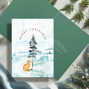 Cartes Pour Fêtes Annuelles Joli renard rouge et vert à l'aquarelle pour Noël