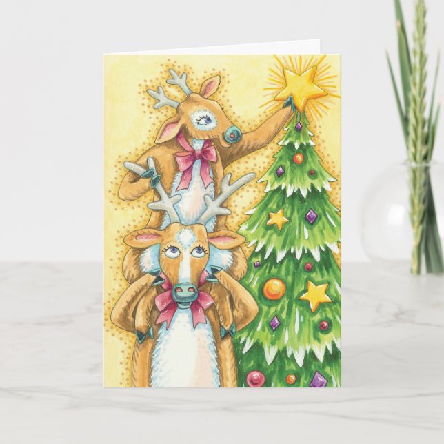 Cartes Pour Fêtes Annuelles Joli renne de Noël avec l'étoile de l'arbre de Noë (Devant)