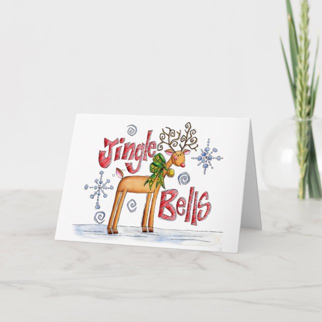 Cartes Pour Fêtes Annuelles Joli renne de Noël, Jingle Bells Snowflakes (Devant)