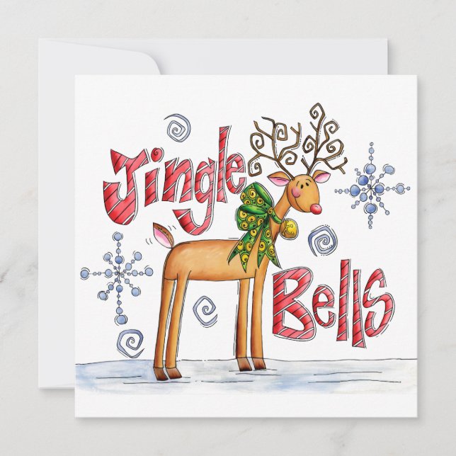 Cartes Pour Fêtes Annuelles Joli renne de Noël, Jingle Bells Snowflakes (Devant)