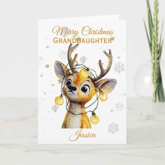 Cartes Pour Fêtes Annuelles Joli Rindeer Et Lumières Noël De Petite-Fille (Devant)