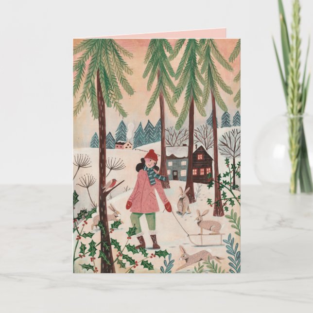 Cartes Pour Fêtes Annuelles Joli rose et vert fille et lapin paysage de neige (Devant)