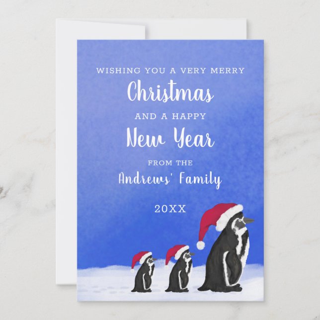 Cartes Pour Fêtes Annuelles Joli Rouge Rouge Pingouin Père Noël Famille Neige  (Devant)