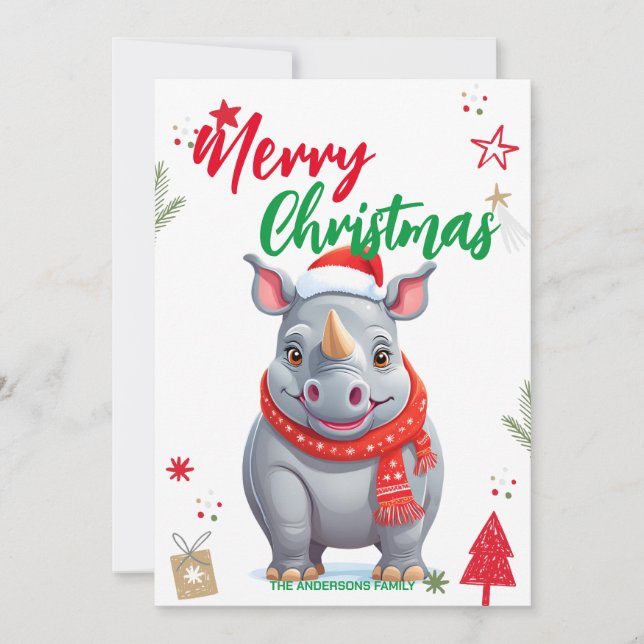 Cartes Pour Fêtes Annuelles Joli sapin de Noël rhinocéros personnalisé nom (Devant)