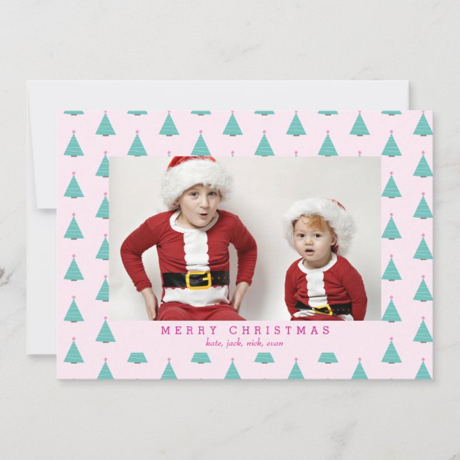 Cartes Pour Fêtes Annuelles Joli sapin de Noël rose et turquoise photo (Devant)