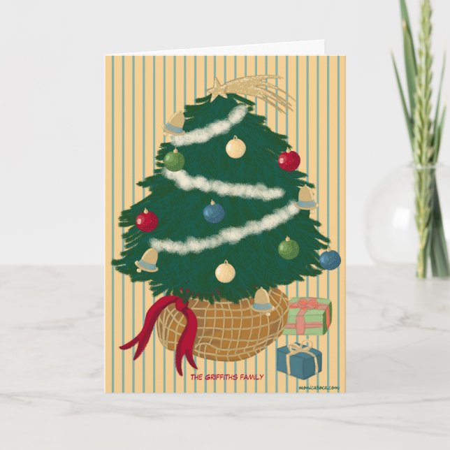 Cartes Pour Fêtes Annuelles Joli sapin de Noël sur des rayures. Personnalisabl (Devant)