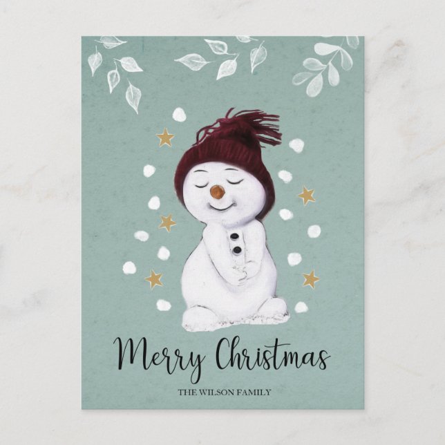 Cartes Pour Fêtes Annuelles Joli Snowman hiver Noël bleu (Devant)