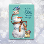 Cartes Pour Fêtes Annuelles Joli Snowman Livraison spéciale Message de Noël<br><div class="desc">Voici une carte de vacances pliée mignonne avec un bonhomme de neige souriant qui vient de recevoir une enveloppe de livraison spéciale d'un messager bluebird. À droite se trouve le texte bleu qui dit "Voici un message de Noël de LIVRAISON SPÉCIALE !" L'intérieur de la carte a une petite image...</div>