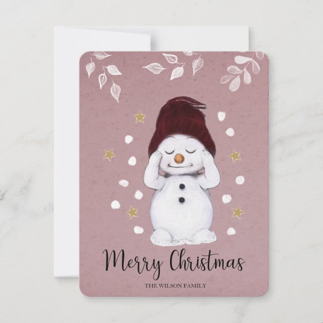 Cartes Pour Fêtes Annuelles Joli Snowman Paisible Noël Rose (Devant)