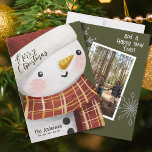 Cartes Pour Fêtes Annuelles Joli Snowman Photo Snowflakes Joyeux Noël<br><div class="desc">Souhaitez à vos amis et à votre famille un joyeux Joyeux Noël et un Joyeux Nouvel An avec cette jolie carte de vacances Snowman. Il vous suffit de télécharger votre photo de famille préférée et de customiser avec votre propre message pour la nouvelle année.</div>