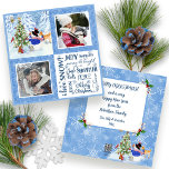 Cartes Pour Fêtes Annuelles Joli Snowman Woodland Neige Noël Famille Photos<br><div class="desc">L'adorable Snowman et ses amis animaux boisés décorent un sapin de Noël dans une forêt enneigée. Un cerf, un hibou, un lapin, un hérisson et un oiseau cardinal rouge célèbrent la fête. La typographie textuelle de l'art traduit une grande partie de ce qui nous donne de la joie dans cette...</div>